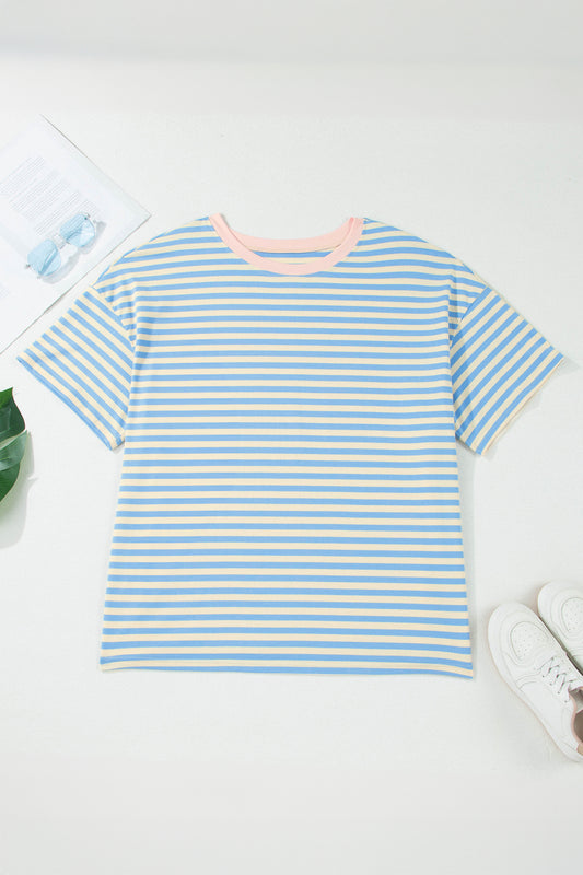 Sky Blue Stripe Plus Size Drop Shoulder Contrast Trim Round Neck Tee