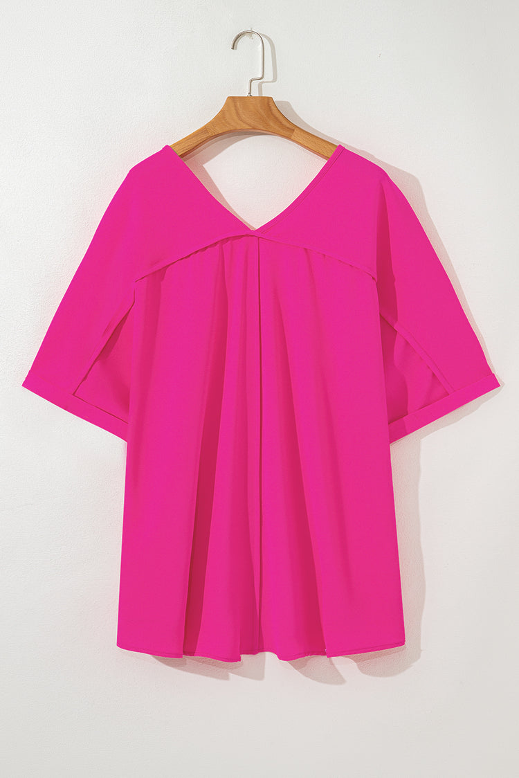 Bright Pink Seamed Back High Low Hem V Neck Cuffed Sleeve Plus Size Tee