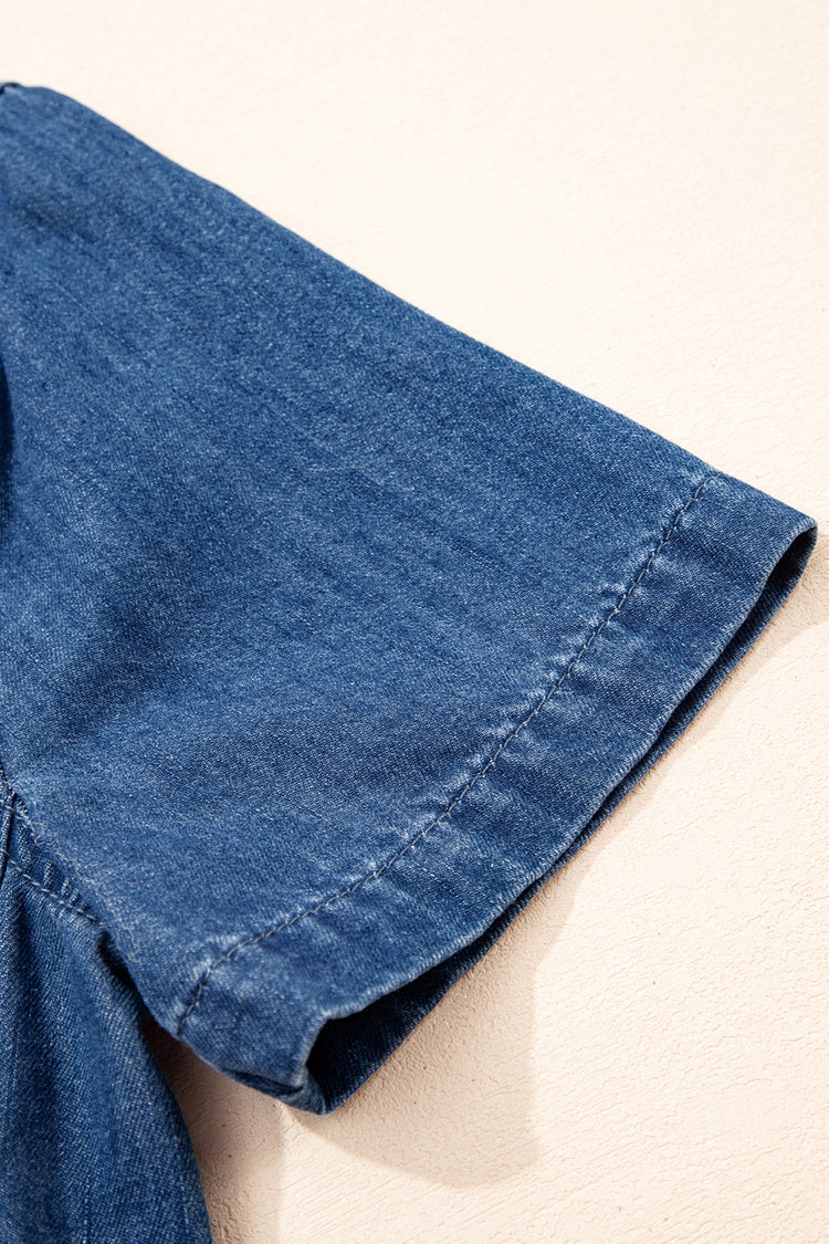 Blue Zip up Collared Short Sleeve Shift Mini Denim Dress