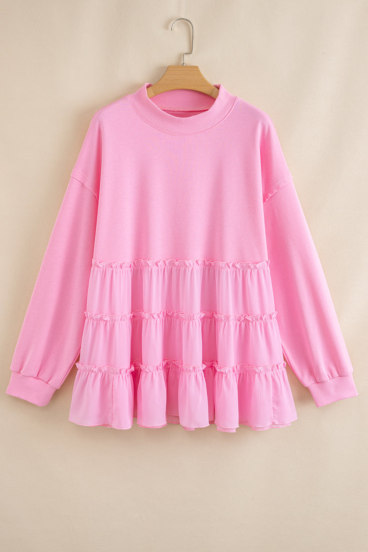 Pink Tiered Ruffle Ribbed Crew Neck Pullover Plus Size Top