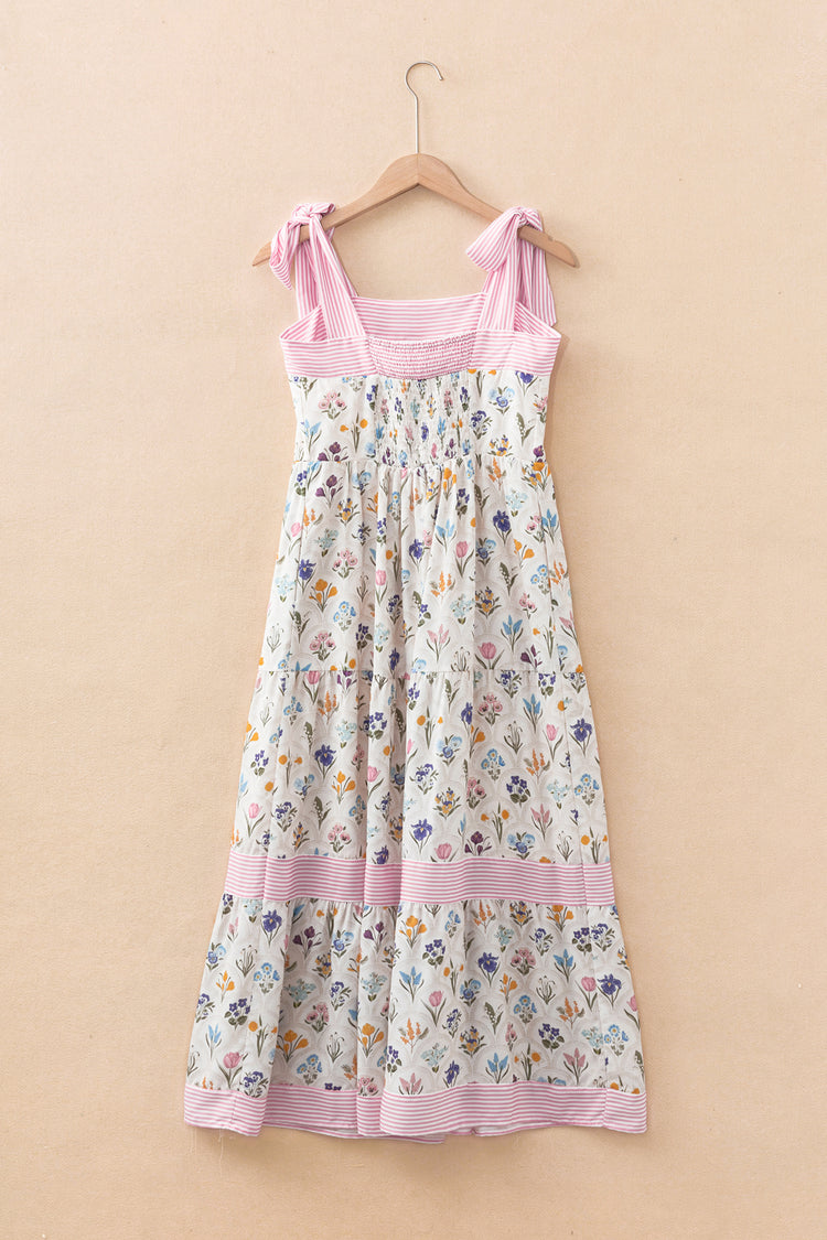 Multicolour Floral Print Striped Detail Knot Straps Maxi Dress