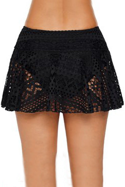Black Solid Color Crochet Lace Skirted Bikini Bottom