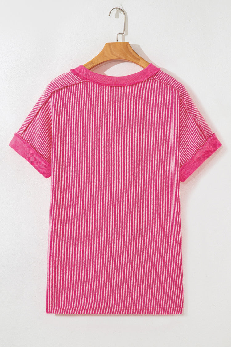 Rose Red Twisted Ribbed Knit V Neck Casual Tee