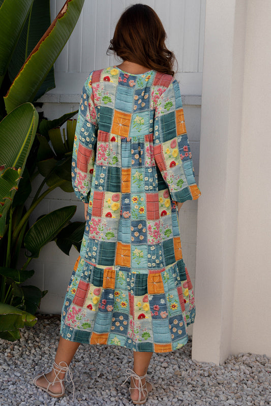 Sky Blue Mix Floral Checkered Pattern Bubble Sleeve Ruffle Hem Dress