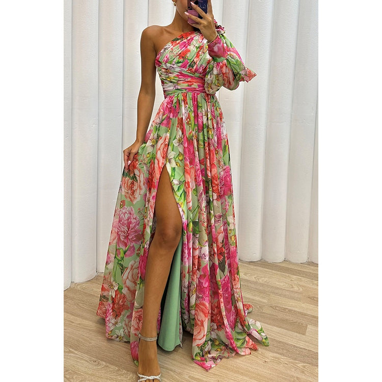 Floral Print Split Maxi Dress Fashion Sexy One-shoulder Long-sleeved Dresses Summer Beach Clothing For Women