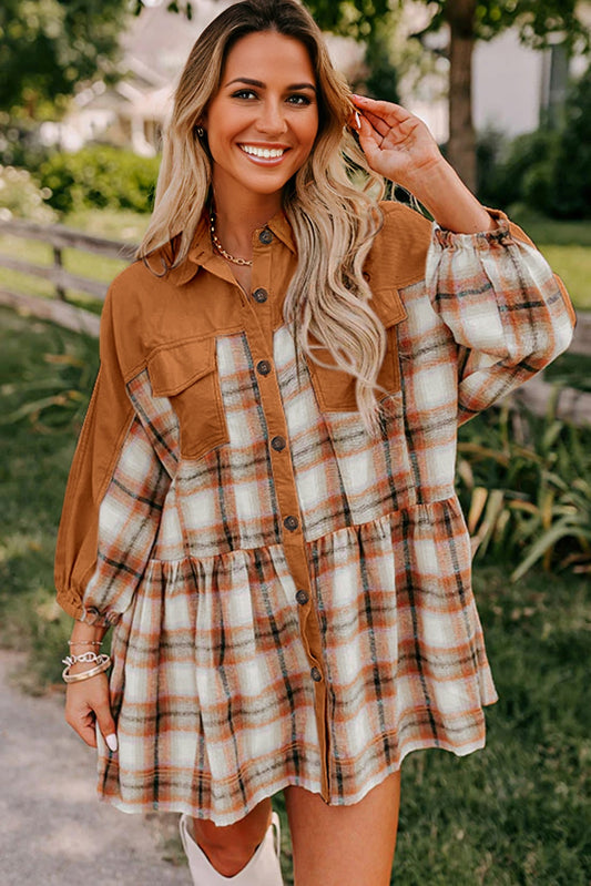 Khaki Plaid Color Block Patchwork Ruffle Hem Tunic Shirt Dress
