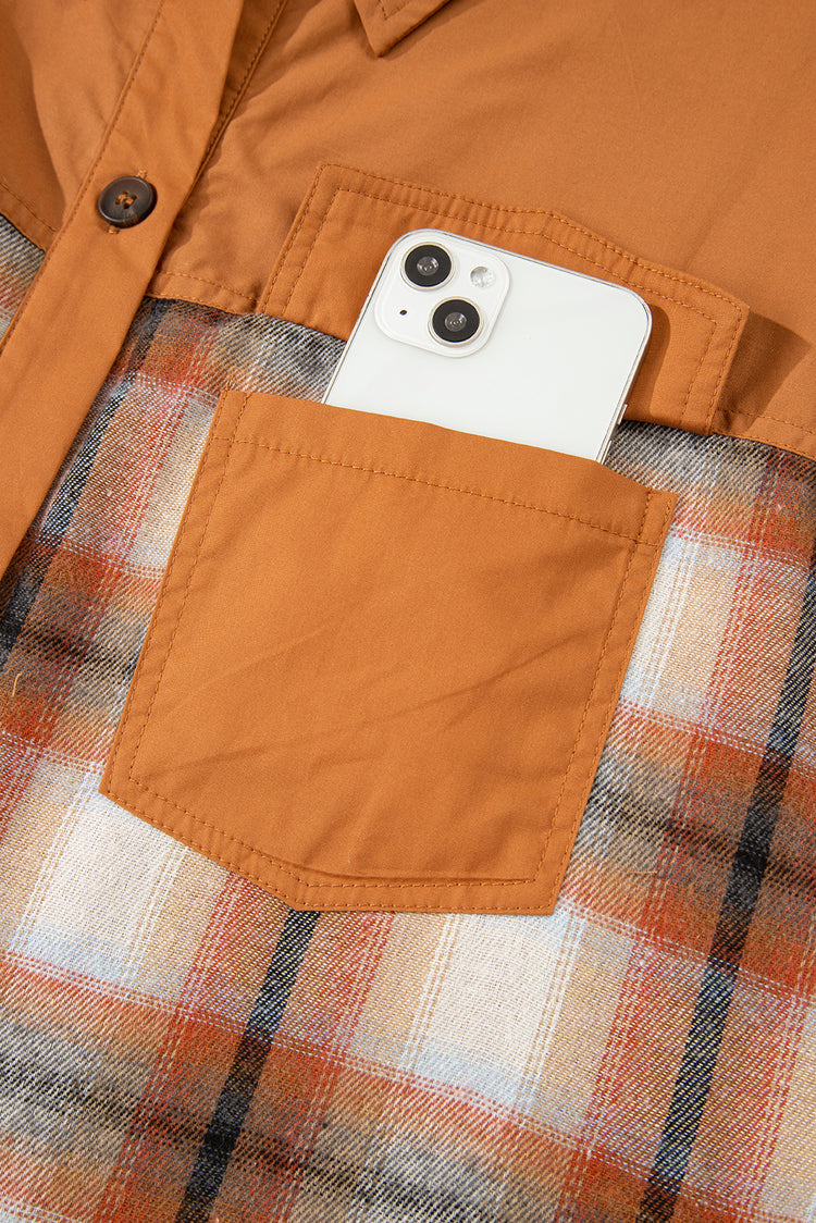 Khaki Plaid Color Block Patchwork Ruffle Hem Tunic Shirt Dress