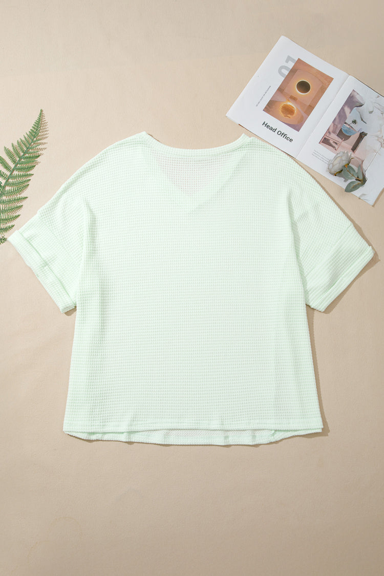 Clearly Aqua V Neck Short Sleeve Plus Size Waffle Knit Top