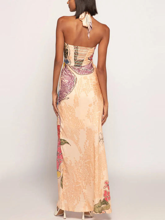 Floral Print Cross Halter Neck Maxi Dress