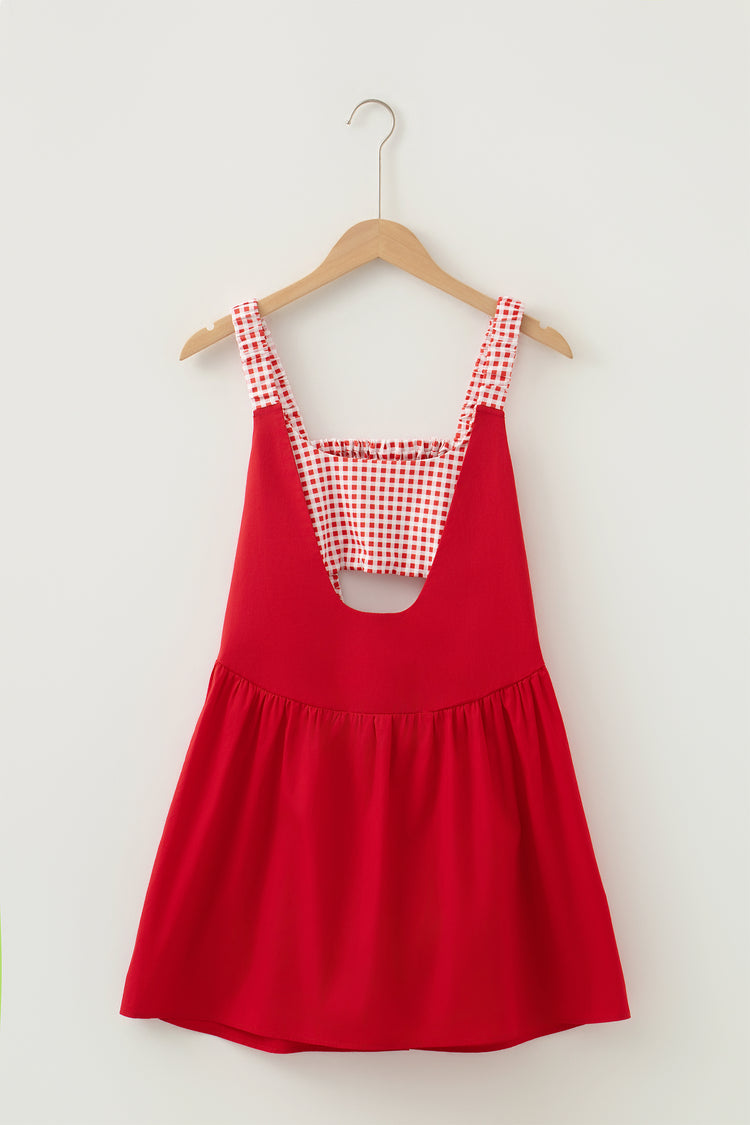 Racing Red Faux Two Piece Gingham Contrast Patchwork Loose Mini Dress