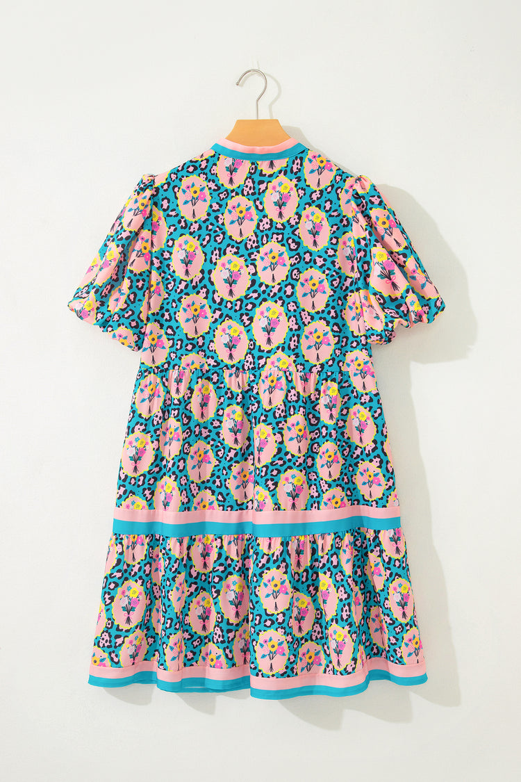 Green Leopard Floral Short Dress