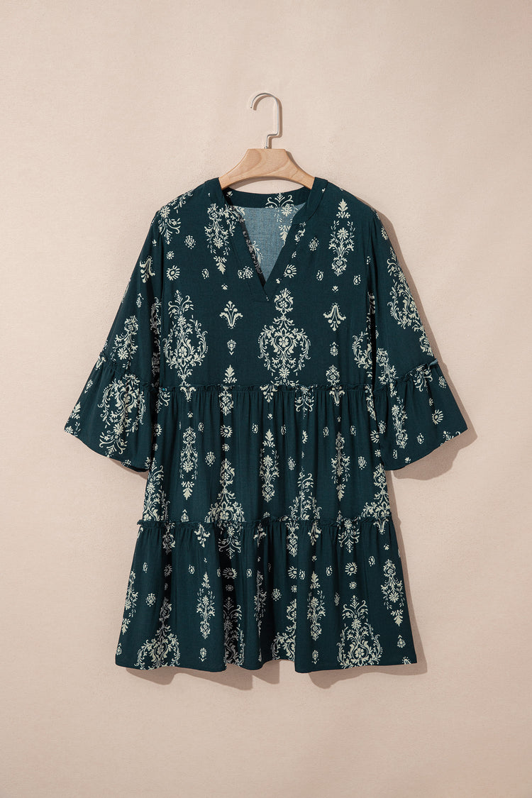 Blue Boho Floral Print Lettuce Trim 3/4 Sleeve Mini Dress