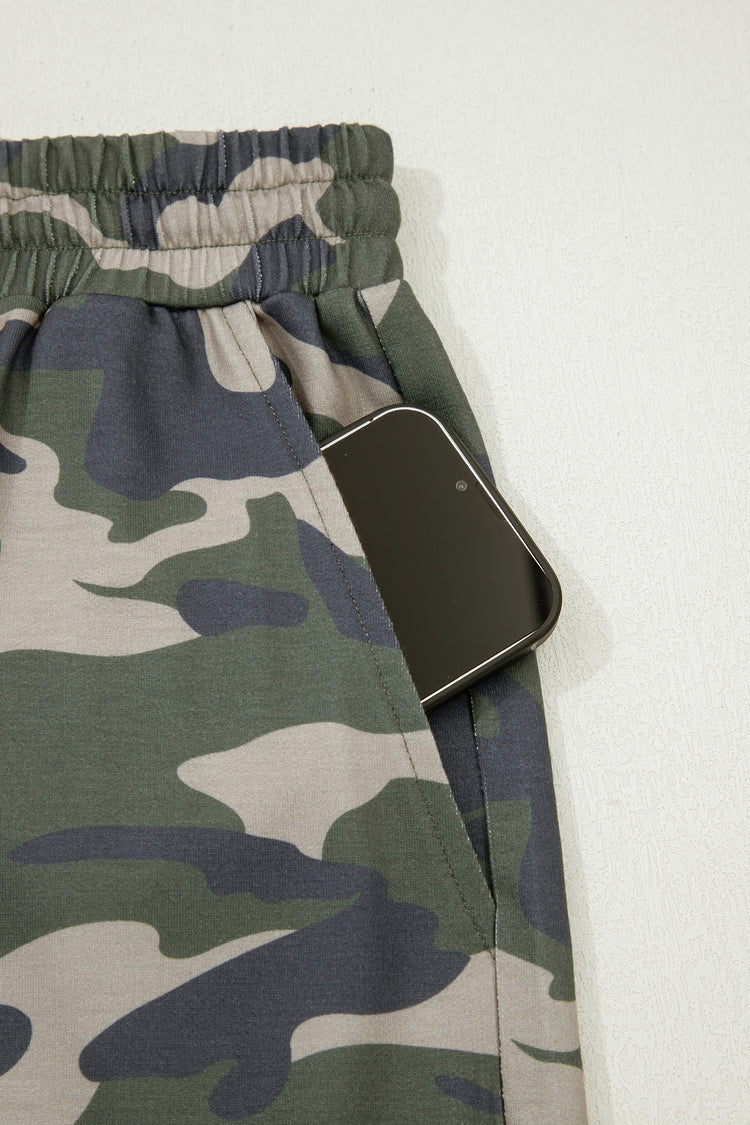 Green Tie Elastic Waist Pocketed Plus Size Camo Shorts