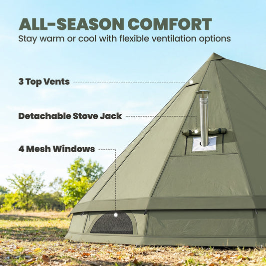 Teepee Tent Waterproof Camping Tent with Stove Jack for 4-6 People for Outdoor Camping Hiking Army Green