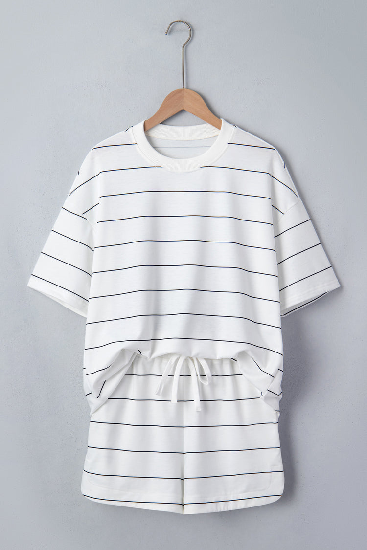 Black Stripe Half Sleeve Tee Drawstring Shorts 2pcs Set