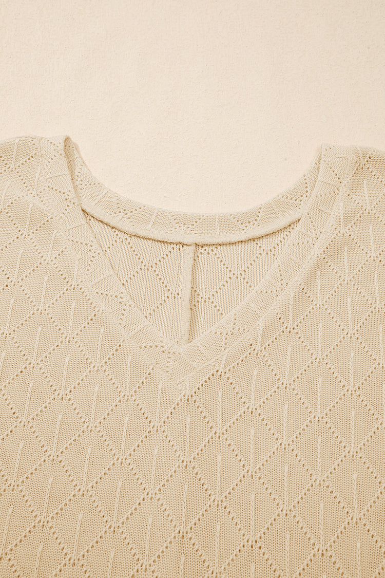 Golden Fleece Pointelle Rhombus Knit Plus Size V Neck Loose Top