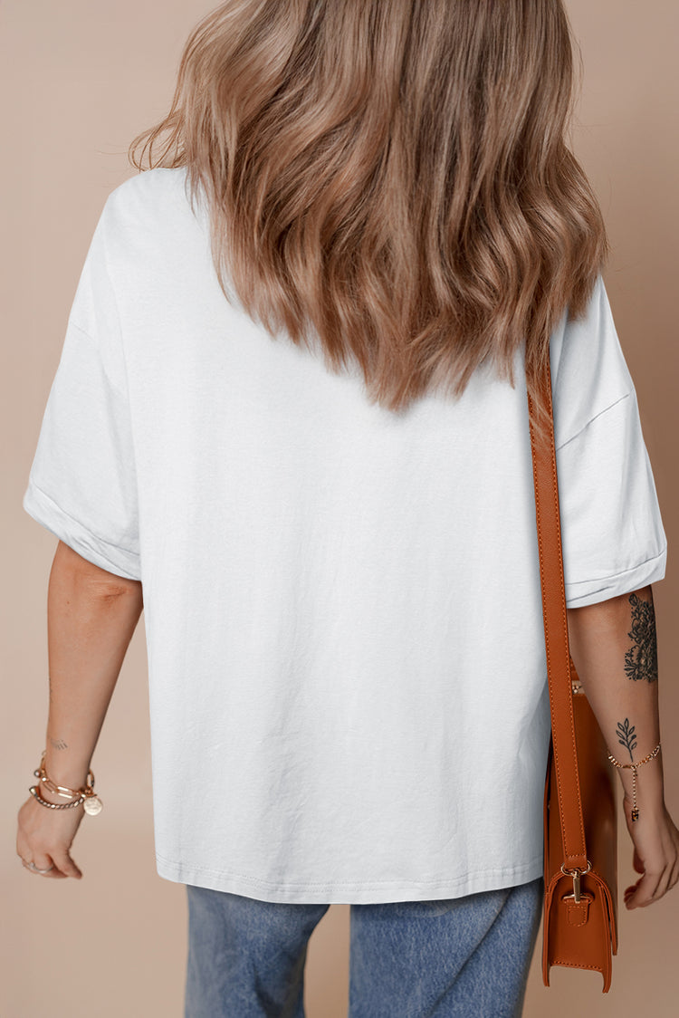 White Sequin stars & stripes Graphic Drop Shoulder Loose T Shirt