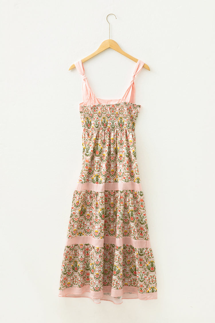 Green Geometric Floral Print Striped Patchwork Detail Sleeveless Dress（Runs Small ）