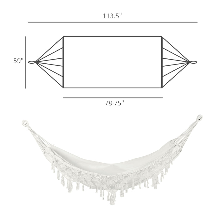 Extra Large Boho Hammock with Macrame Tassel Fringe, Includes Carrying Bag, Indoor Outdoor Tree Hammock for Porch, Backyard, Camping, White