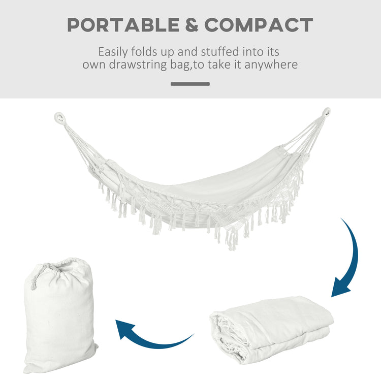Extra Large Boho Hammock with Macrame Tassel Fringe, Includes Carrying Bag, Indoor Outdoor Tree Hammock for Porch, Backyard, Camping, White