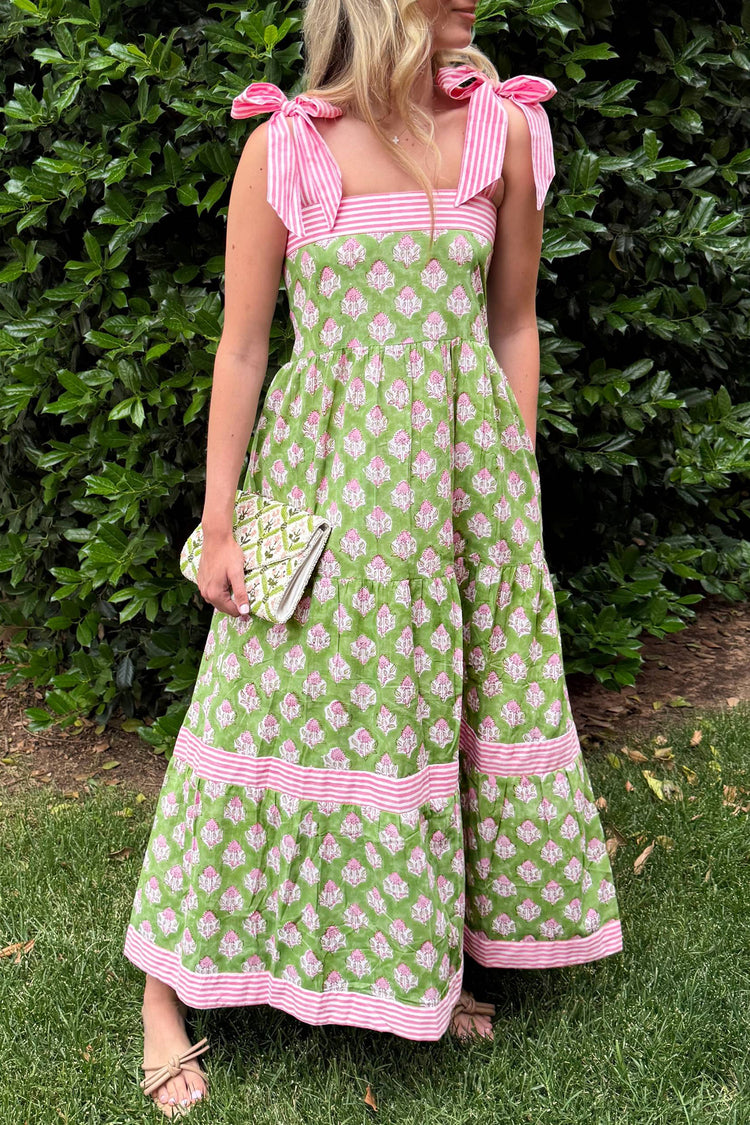 Green Floral Print Striped Detail Knot Straps Maxi Dress