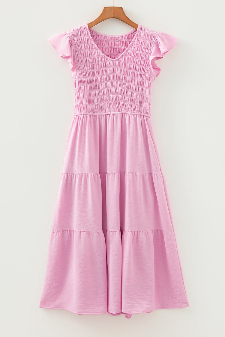 Pink Smocked Bodice Flutter Sleeve Fit Flare Tiered Midi Dress