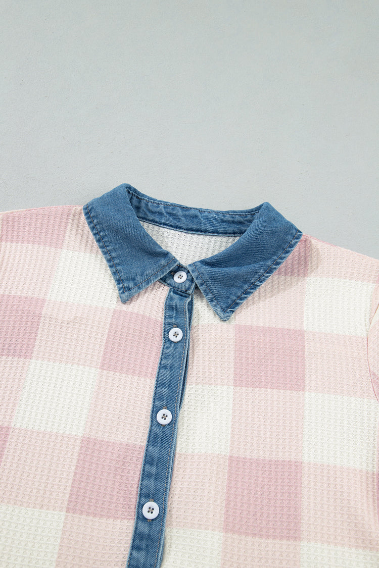 Pink Waffle Plaid Print Contrast Denim Shirt Collar Buttoned T Shirt Mini Dress