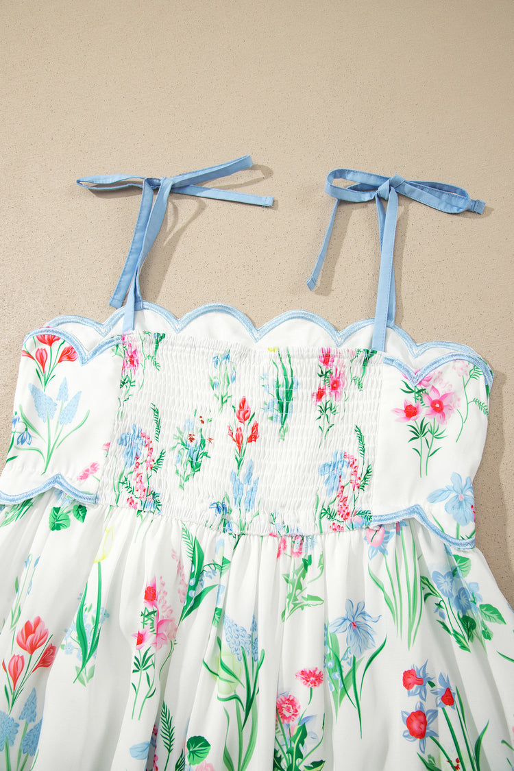 Beige Floral Print Contrast Trim Self-tie Straps High Waist Midi Dress